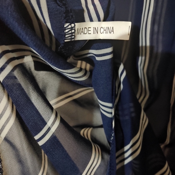 Short Sleeve Striped Blouse Shirt Navy Blue White Stripes Cuffed Rolled Up - Picture 3 of 4